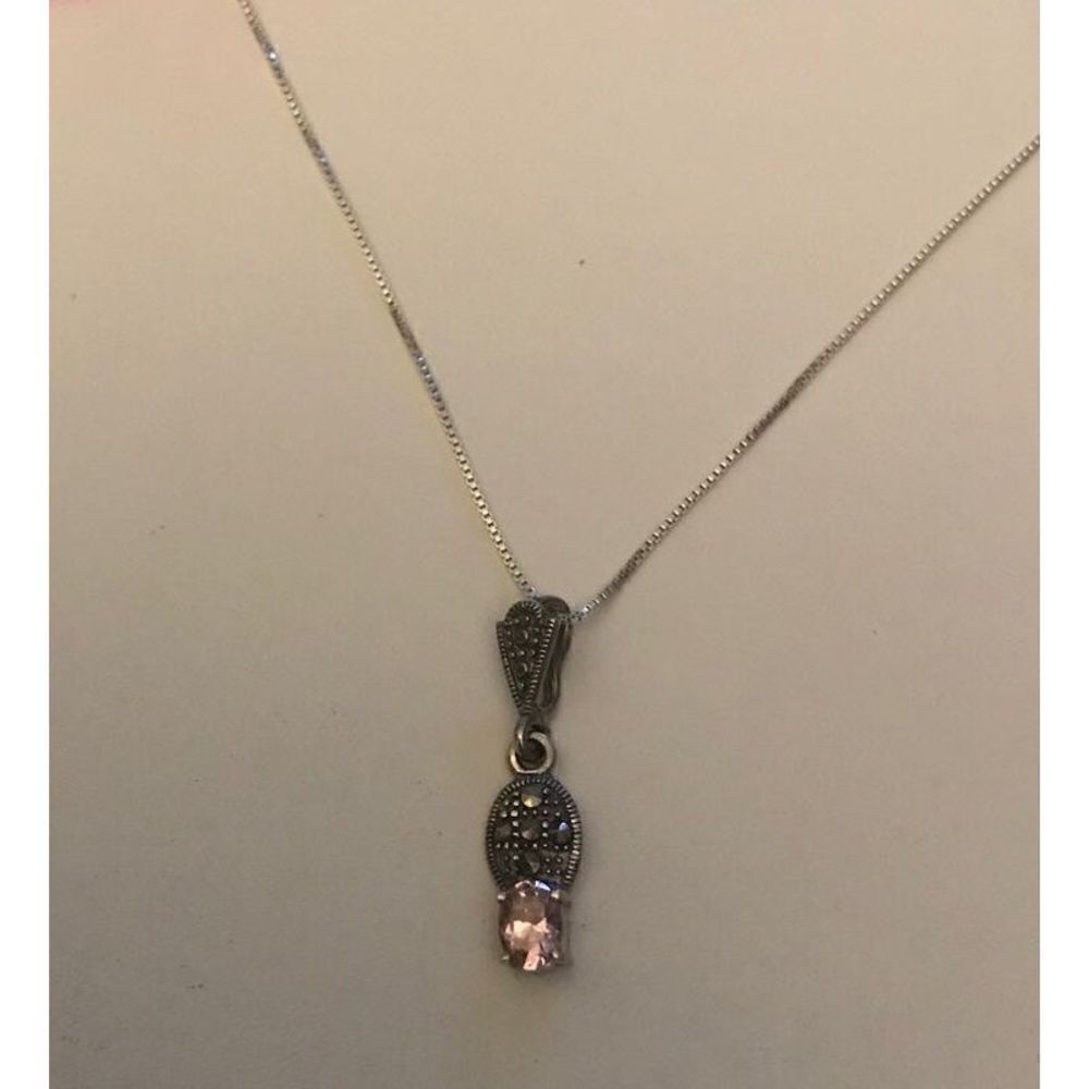 DO NOT BUY~Oval Cut Pink Sapphire & Marcasite Necklace~.925 Sterling Silver